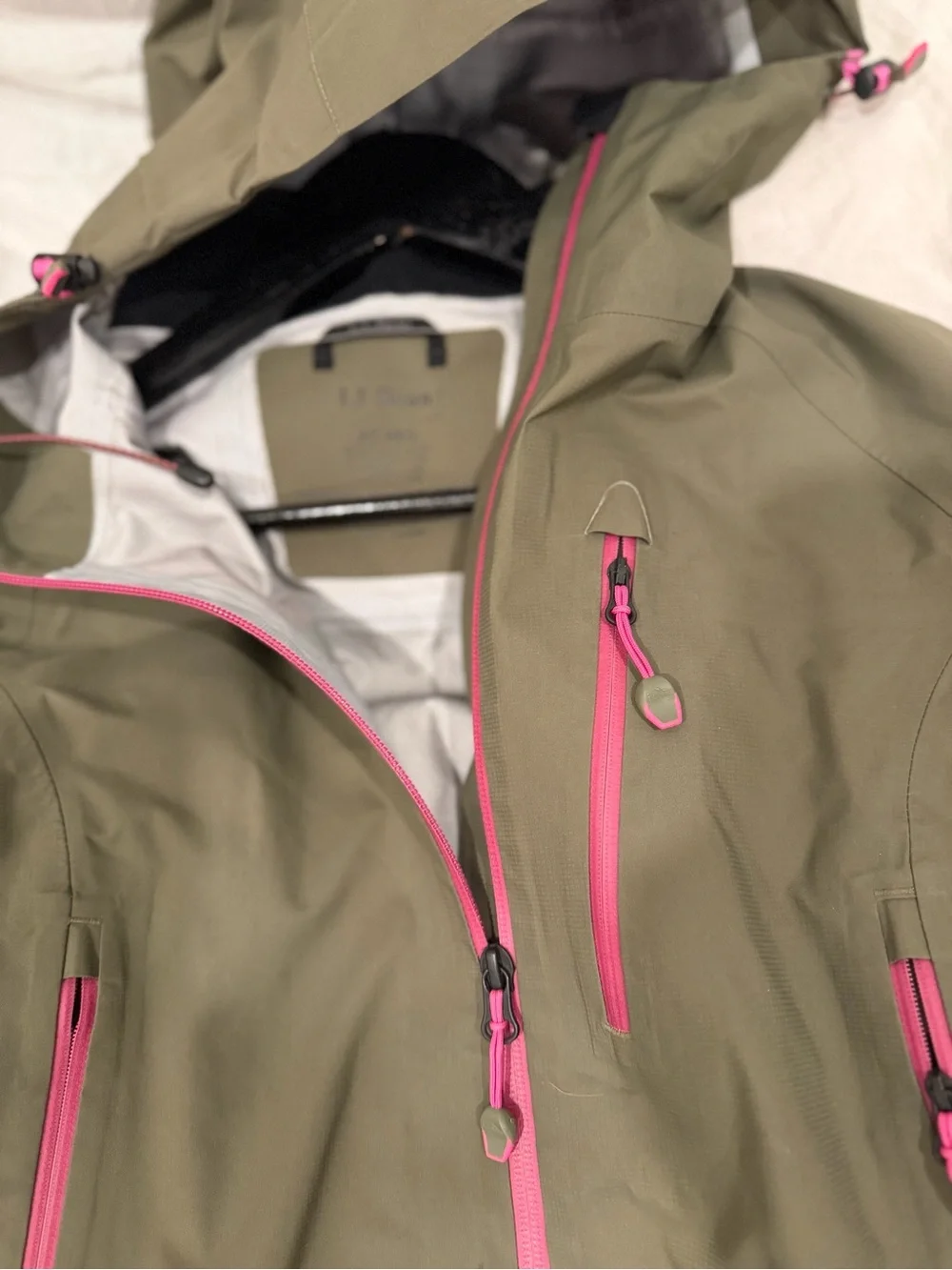 L.L. Bean Olive Green Ski Jacket with Pink Zippers